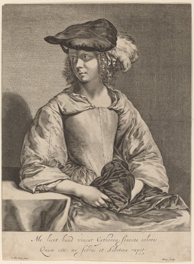 Meisje met een gevederde hoed door Hendrick Bary after Gerard ter Borch the Younger
