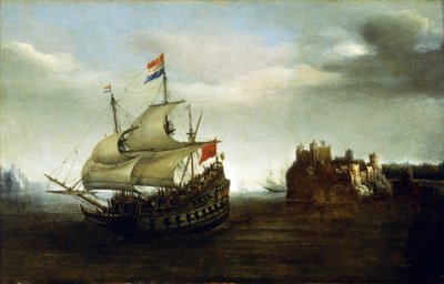 Een Nederlands schip zeilend nabij een kasteel, nabij een rotsachtige kust door Hendrick Cornelisz Vroom