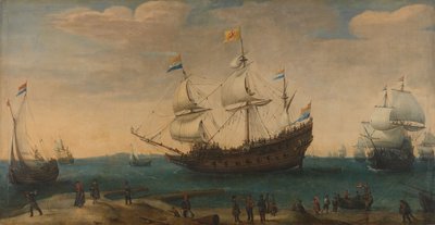 Oost-Indiëvaarders voor een kust door Hendrick Cornelisz Vroom