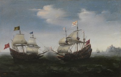 Zeegevecht tegen een rotsachtige kust, 1627 door Hendrick Cornelisz. Vroom