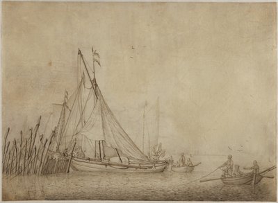Schepen bij een visstuw met een stad op de achtergrond door Hendrick Dubbels