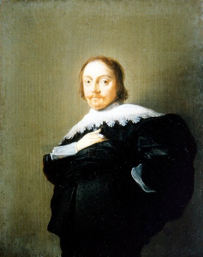 Een Portret van een Heer in een Zwart Pak en Kanten Kraag door Hendrick Gerritsz Pot