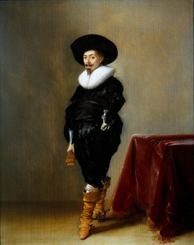 Een portret van een heer in een zwart kostuum met een kraag door Hendrick Gerritsz Pot