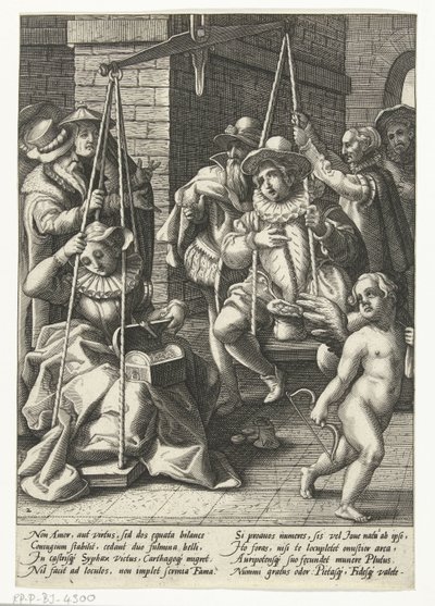 De huwelijksweegschaal (Spreekwoorden naar Karel van Mander) door Hendrick Goltzius (attributed to workshop of)