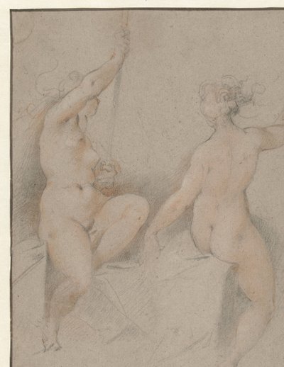 Twee zittende vrouwelijke naakten door Hendrick Goltzius (follower of)