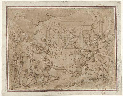 Phaëton vraagt Apollo om de zonnewagen door Hendrick Goltzius (school of)