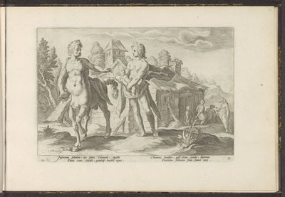 Apollo vertrouwt Asclepius toe aan Chiron door Hendrick Goltzius (workshop of)