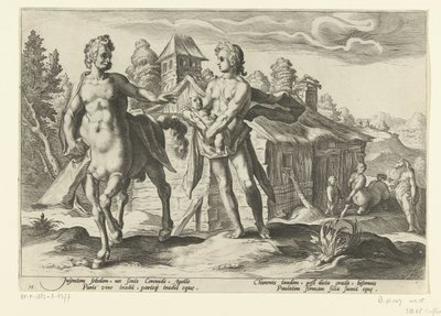 Apollo vertrouwt Asclepius toe aan Chiron door Hendrick Goltzius (workshop of)