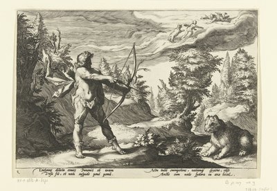 Arcas richt zijn pijl op Callisto door Hendrick Goltzius (workshop of)