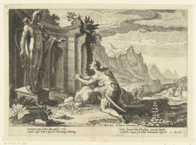 Cadmus vraagt het orakel van Delphi wat hem te doen staat nu hij zijn zuster Europa niet heeft kunnen vinden door Hendrick Goltzius (workshop of)