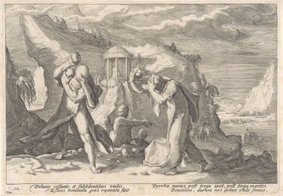 Deucalion en Pyrrha scheppen een nieuw mensenras (Metamorfosen van Ovidius) door Hendrick Goltzius (workshop of)
