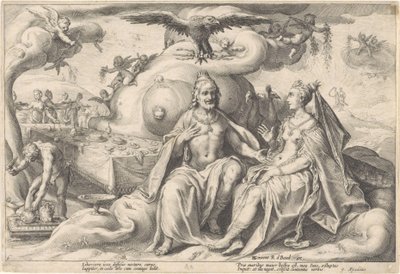 Discussie tussen Jupiter en Juno door Hendrick Goltzius (workshop of)