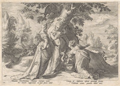Dochters van Cecrops openen de mand van Minerva Metamorfosen van Ovidius door Hendrick Goltzius (workshop of)