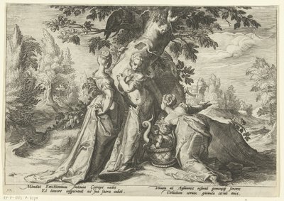 Dochters van Cecrops openen de mand van Minerva door Hendrick Goltzius (workshop of)
