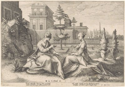 Juno benadert Semele in de gedaante van Beroë door Hendrick Goltzius (workshop of)
