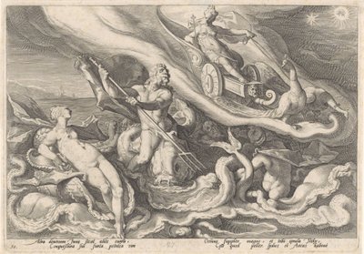Juno klaagt bij Thetis en Oceanus door Hendrick Goltzius (workshop of)
