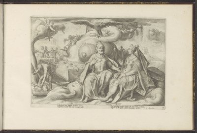 Jupiter en Juno discussiëren over de vraag bij welke van de seksen de lust in liefde groter is door Hendrick Goltzius (workshop of)