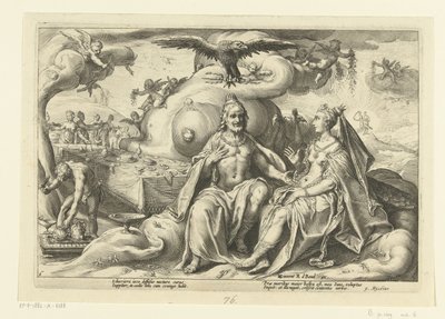 Jupiter en Juno discussiëren over de vraag bij welke van de seksen de lust in liefde groter is door Hendrick Goltzius (workshop of)