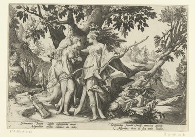 Jupiter verleidt Callisto in de gedaante van Diana door Hendrick Goltzius (workshop of)