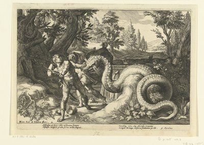 Metgezellen van Cadmus door een draak verslonden door Hendrick Goltzius (workshop of)