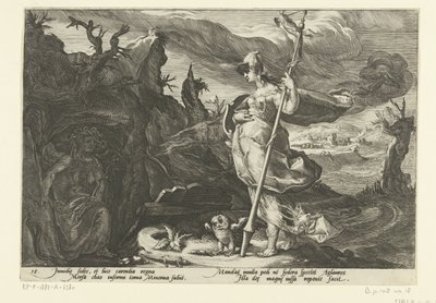Minerva vraagt Nijd om jaloezie in Aglauros te ontsteken door Hendrick Goltzius (workshop of)