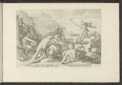 Neptunus en de riviergoden veroorzaken een zondvloed door Hendrick Goltzius (workshop of)