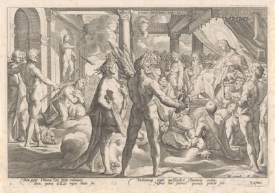 Phaëthon vraagt Apollo of hij in diens wagen mag rijden door Hendrick Goltzius (workshop of)