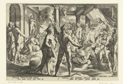 Phaëton in het paleis van Helios door Hendrick Goltzius (workshop of)