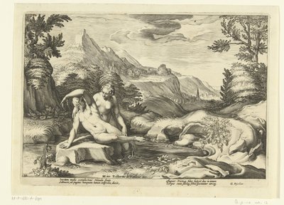 Salmacis en Hermaphroditus door Hendrick Goltzius (workshop of)