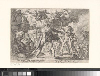 Strijd tussen de goden en de giganten (Metamorfosen van Ovidius) door Hendrick Goltzius (workshop of)