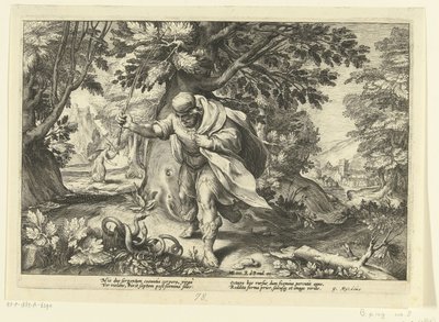 Tiresias slaat twee parende slangen door Hendrick Goltzius (workshop of)