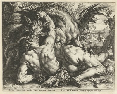 Metgezellen van Cadmus door een draak verslonden door Hendrick Goltzius