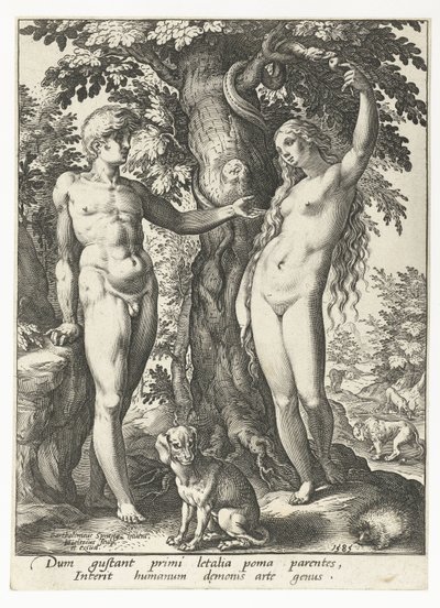 Adam en Eva en de slang door Hendrick Goltzius