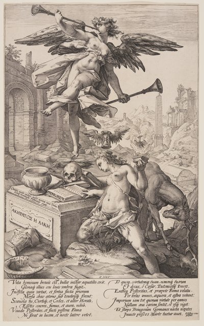 Allegorie op roem en geschiedenis, uit De Romeinse Helden door Hendrick Goltzius