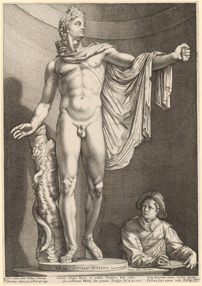 Apollo Belvedere, blad 3 uit "Drie antieke standbeelden uit Rome" door Hendrick Goltzius