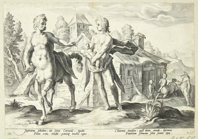 Apollo vertrouwt Cheiron de opleiding van Asklepios toe door Hendrick Goltzius