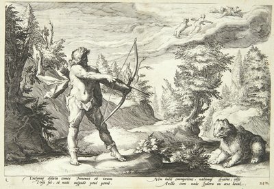 Arcas bereid om zijn moeder te doden door Hendrick Goltzius
