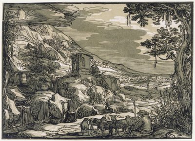 Arcadisch landschap met een herder door Hendrick Goltzius