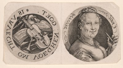 Borstbeeld van een vrouw met een fluit en muziekinstrumenten, op één blad door Hendrick Goltzius