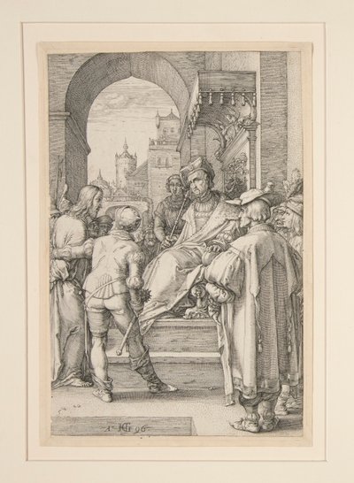 Christus voor Pilatus, uit De Passie, #5 in een serie van 12 gravures door Hendrick Goltzius