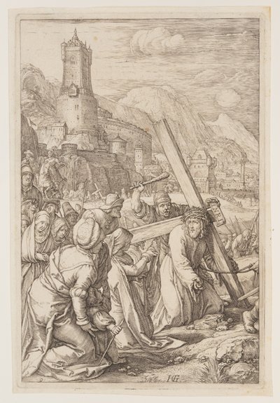 Christus draagt het kruis, uit The Passion door Hendrick Goltzius