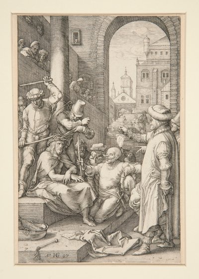 Christus gekroond met doornen, uit De Passie, #7 in een serie van 12 gravures door Hendrick Goltzius