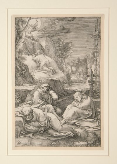 Christus op de Olijfberg (De Agonie in de Tuin), uit De Passie, #2 in een serie van 12 gravures door Hendrick Goltzius