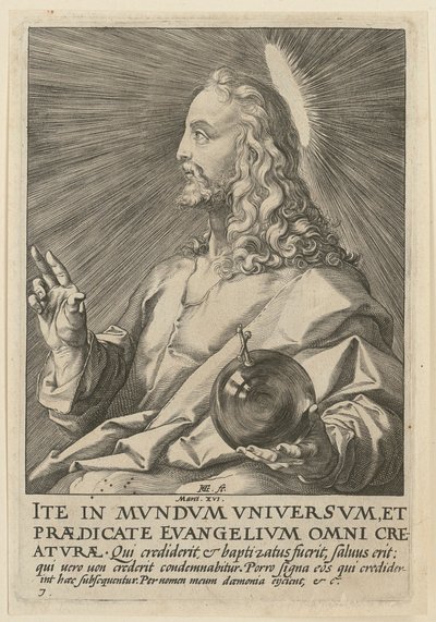 Christus als Salvator Mundi, blad 7 uit de reeks “Christus, de twaalf apostelen en Paulus” door Hendrick Goltzius