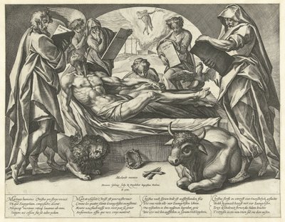 De gestorven Christus en de vier evangelisten door Hendrick Goltzius