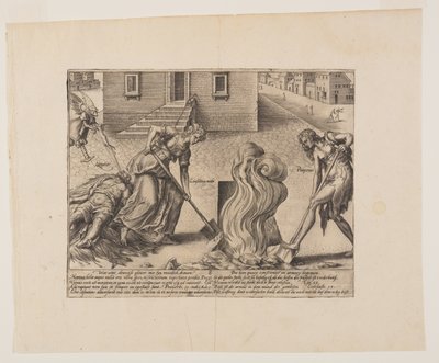 Dood van de dwaze procespartij, uit Litis Abusus (De misbruiken van de wet) door Hendrick Goltzius