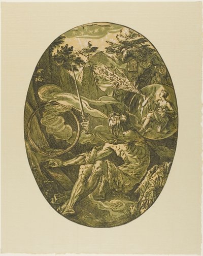 Demogorgon in de grot van de eeuwigheid, plaat één uit Demogorgon en de goden door Hendrick Goltzius