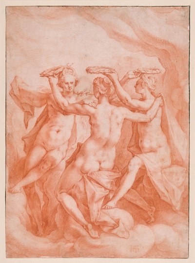 De drie Gratiën zwevend op wolken door Hendrick Goltzius