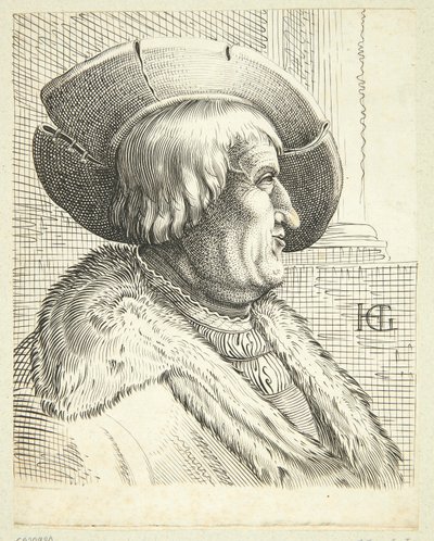 Fantasieportret van oude man met hoed in profiel door Hendrick Goltzius