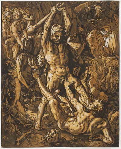 Hercules doodt Cacus door Hendrick Goltzius